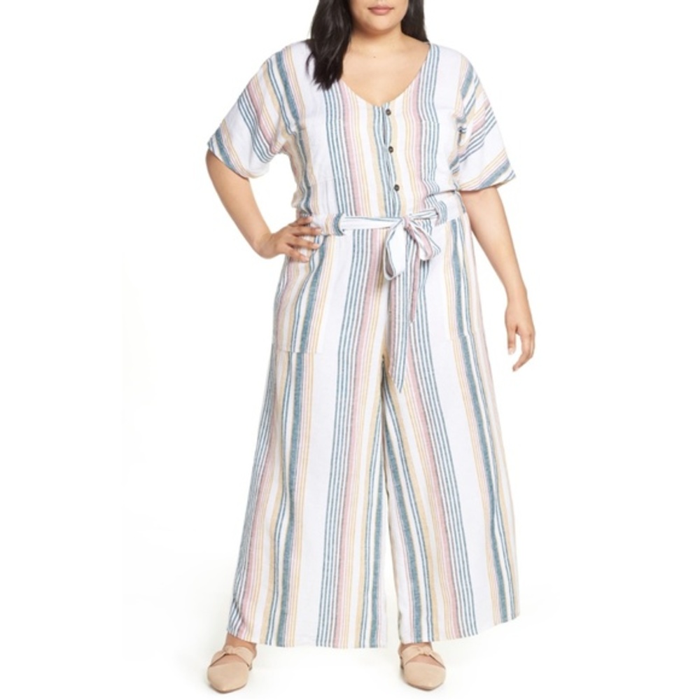 NWT Womens Plus Size 3X Nordstrom Caslon Striped Tie Linen Blend Jumpsuit